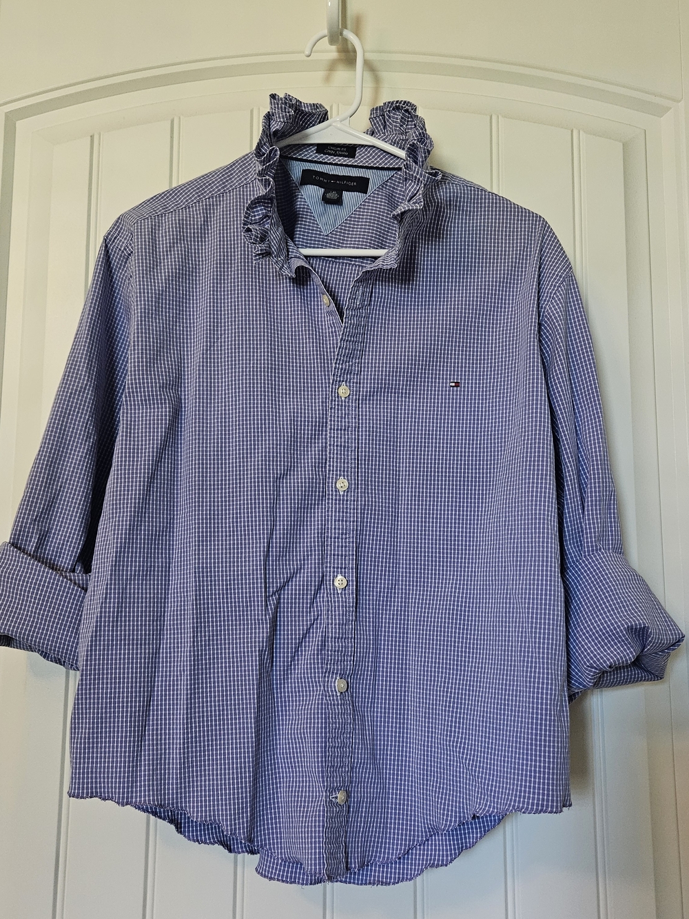 Upcycled Tommy Hilfiger Purple and White Gingham Button-Down Top